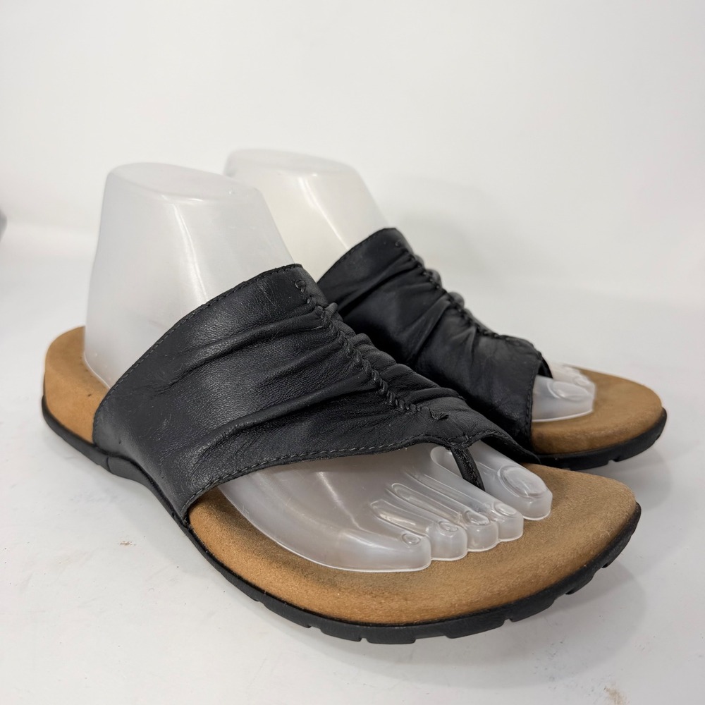 Taos Gift 2 Black Leather Ruched Thong Slide Sandals Womens Size 9